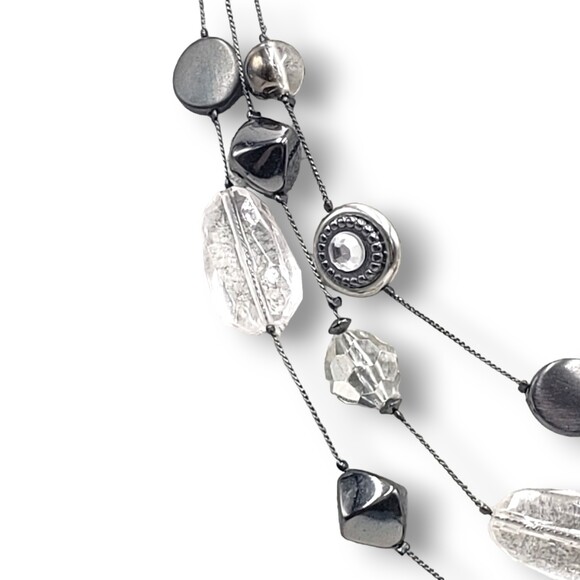 NY Multi Strand Necklace Gunmetal Gray Black Clear Adjustable Length - Picture 4 of 7